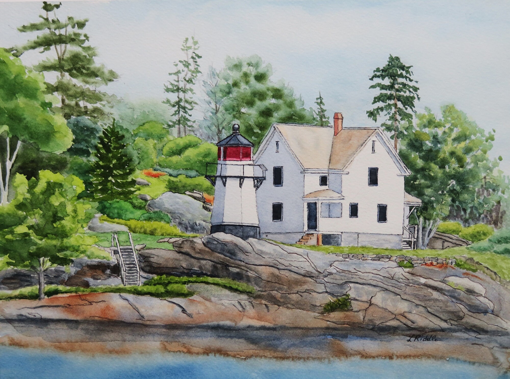 Acuarela original de un faro: paisaje marino de la isla Perkins, Maine (23 x 30 cm)