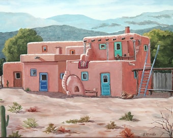 May include: An acrylic painting of a Southwestern adobe-style building with a red-orange exterior, blue doors, and a ladder. A dog rests in the foreground. The background features mountains and desert vegetation.