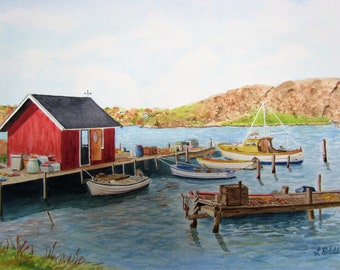 Harbor boats 11x16 watercolor original, red boat house, boats, seascape