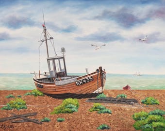 Original Oil Painting: Beached Wooden Boat Seascape - 12x16
