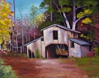 Old Barn Oil Original: Autumn Scene - Fall Foliage - Rustic Barn (11x14 Hand Painted)