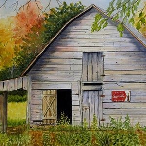Old barn 11x15 watercolor original, hand painted, coca cola sign, coke sign, coke art, country landscape
