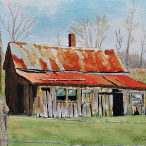 Original Watercolor Painting: Rustic Old Barn Landscape Art (5x7&quot;)