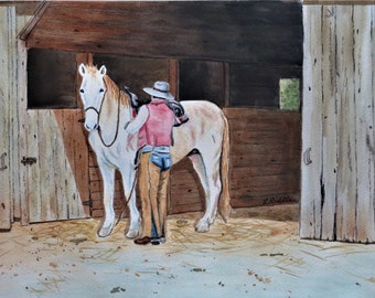 Original Watercolor Cowboy Painting: Western Art, Saddling Horse 9x12