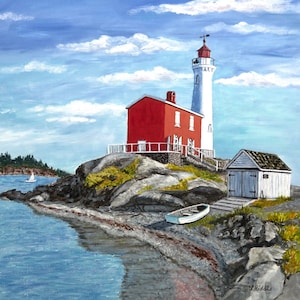 May include: A painting of a red and white lighthouse on a rocky island. The lighthouse is on a small hill with a red building next to it. There is a small white boat on the shore and a small white building in the foreground.