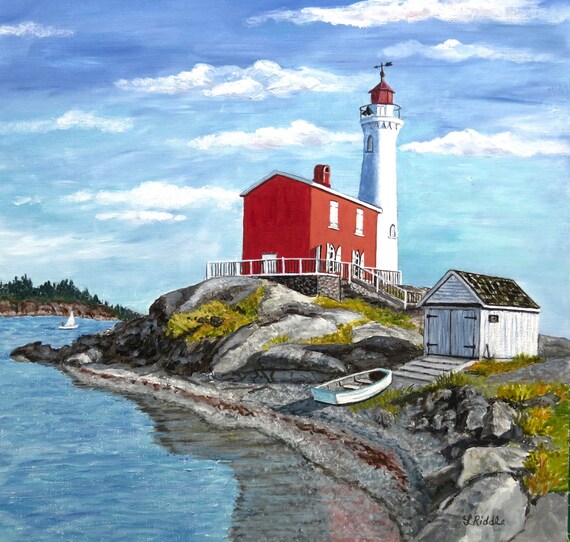 Fisgard Lighthouse Painting: Original Acrylic, West Coast Canada Art (12x12 unframed canvas)