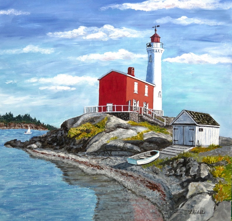 May include: A painting of a red and white lighthouse on a rocky island. The lighthouse is on a small hill with a red building next to it. There is a small white boat on the shore and a small white building in the foreground.