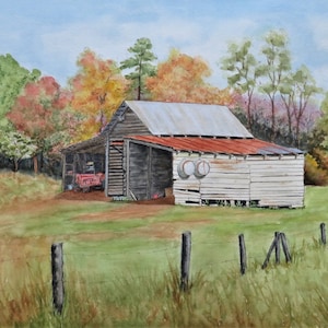 Old Barn 12x16 watercolor original, hand painted, Sautee barn, tractor, fall foliage, autumn, country scene