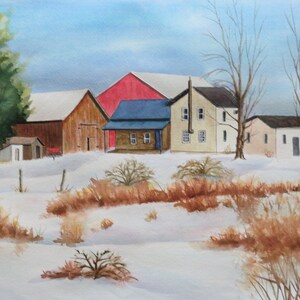 Red Barn 12x16 watercolor original, hand painted, farm in winter, winter scene, farm scene, snowscape, old barn