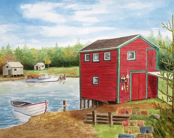 Red Boat House 11x15 watercolor original, Maine seascape, lobster fishing, small boat