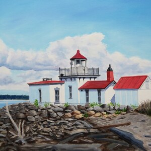 Lighthouse 11x14 oil original, hand painted, West Point Lighthouse, Seattle art, Washington art