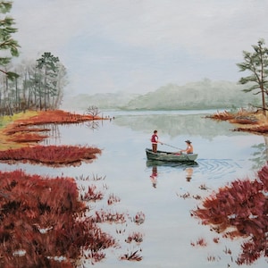 Fisherman 11x14 acrylic original, hand painted, misty morning, two men fishing, boat fishing