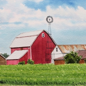 Red Barn & Windmill 5x7 watercolor original, hand painted, old barn, barn and farm, farm garden, small painting