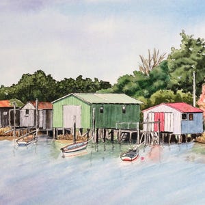 Fishing Village Watercolor Painting: Original Nautical Seascape Art