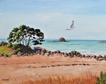 Seascape Oil Painting: Beach Scene with Boat and Seagull, 12x16