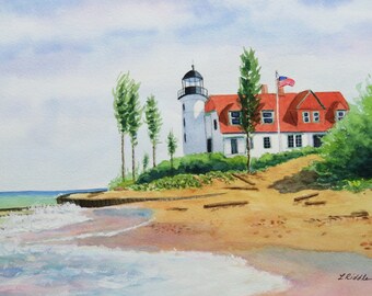 Pt. Betsie Lighthouse Watercolor Original: Michigan Seascape Painting (9x12 Matted/Ready to Frame)