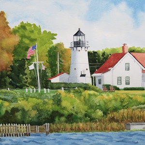 Warwick Lighthouse, 9x12 watercolor original, hand painted, lighthouse painting, Rhode Island lighthouse, seascape painting
