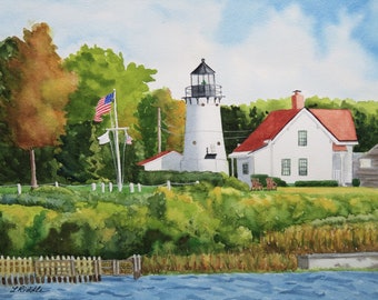 Warwick Lighthouse Watercolor Painting: Rhode Island Seascape, 9x12 Original