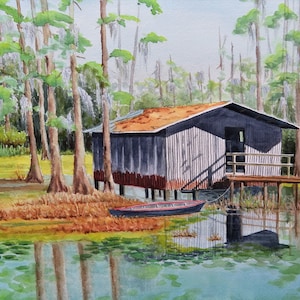 Swamp Camp 12x18 watercolor original, hand painted, canoe, swamp scene, lily pads, rustic cabin