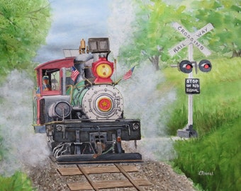 Old train 12x18 watercolor original, railroad crossing, railroad tracks, vintage train, American flags