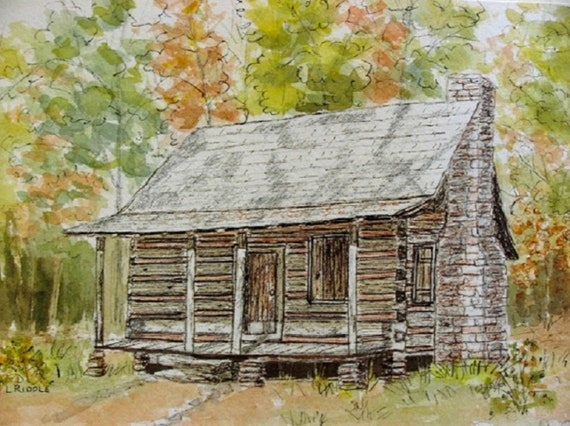 Log Cabins 3 Watercolor Pen Ink Originals Set Of Three Etsy