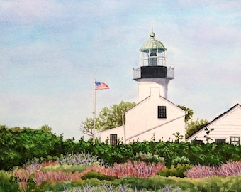 Point Loma Lighthouse Watercolor Painting: San Diego California Art (9x12 Matted/Ready to Frame)