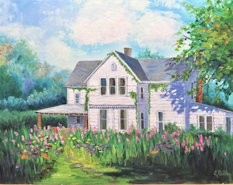 Original Oil Painting: Old White House - Flower Garden - Tree Shadows 14x18