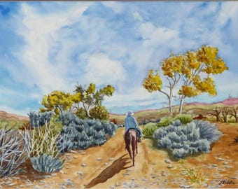Original Watercolor Desert Rider Painting: Western Landscape Art (12x16, Matted)