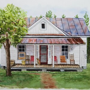 Old house, 11x15 watercolor original, hand painted, front porch, guard dog, rocking chairs
