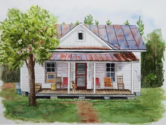 Old House Watercolor Original: Front Porch - Rocking Chairs (11x15 Hand Painted with Mat)
