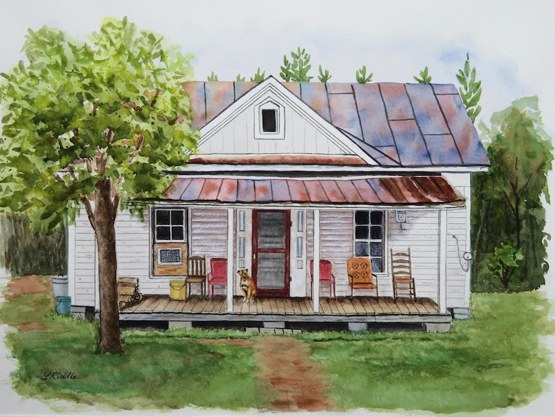 May include: Watercolor painting of a white house with a porch and a rusty metal roof. The house has a red door and a dog sitting on the porch. There are trees and grass in the background.