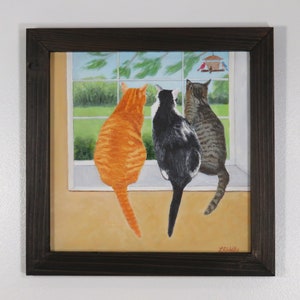 Three Cats 10.5x10.5 oil original, hand painted, cat painting, bird feeder, cats in window, small framed painting