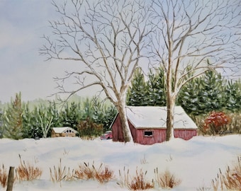 Old Barn 9x12 watercolor original, barn in winter, snow landscape, red barn, small painting