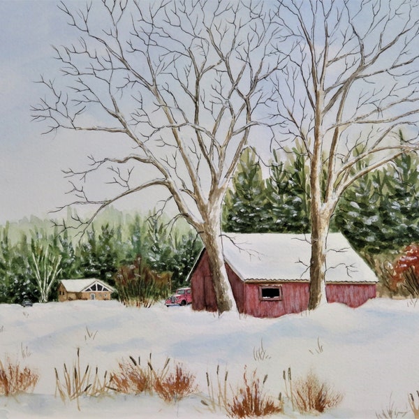 Old Barn 9x12 watercolor original, barn in winter, snow landscape, red barn, small painting