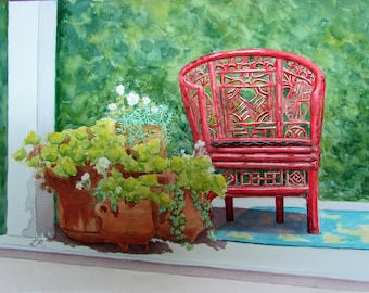 Red Chair Watercolor Original: Hand Painted - Potted Plants (9x12 Matted/Ready to Frame)