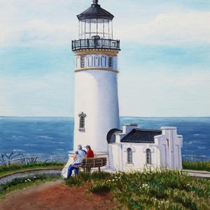 North Head Lighthouse, oil original, hand painted, lighthouse painting, Washington art, small painting, seascape painting