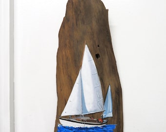 Sailboat on Driftwood: Acrylic original 14.5x5.5x1