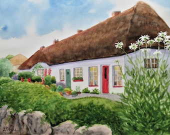 Ireland Cottage Watercolor Original: 9x12 Hand Painted - Sunflowers - Thatched Roof House