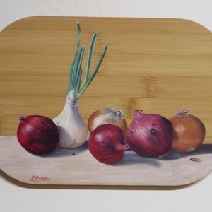 Onions, 7x10 oil original, hand painted, kitchen decor, small painting