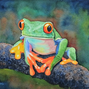 Tree Frog 9x12 watercolor original, hand painted, colorful frog, small painting
