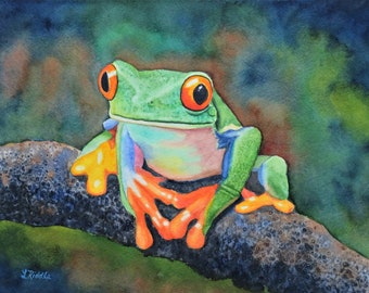 Tree Frog 9x12 watercolor original, colorful frog, small painting