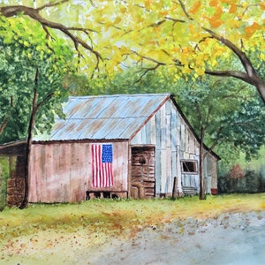 Old Barn 9x12 watercolor original, hand painted, American flag, flag on barn, small painting