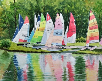 Sailboats 12x18 watercolor original, colorful boats, water reflections