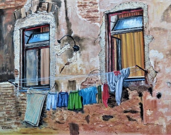 Clothesline 12x16 oil original, European scene, wash hanging, laundry line, Italy art