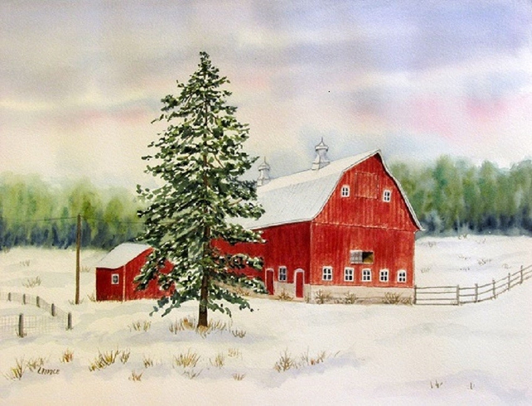 Red Barn watercolor original winter farm scene rustic Etsy