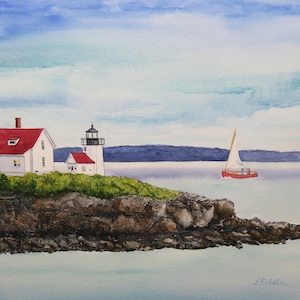 Curtis Island Lighthouse, 12x16 watercolor original, hand painted, Lighthouse painting, Camden art, Maine lighthouse, Maine art