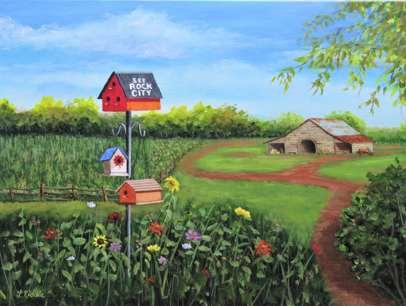 Bird Houses Acrylic Original See Rock City Barn Zinnias 12x16 Etsy