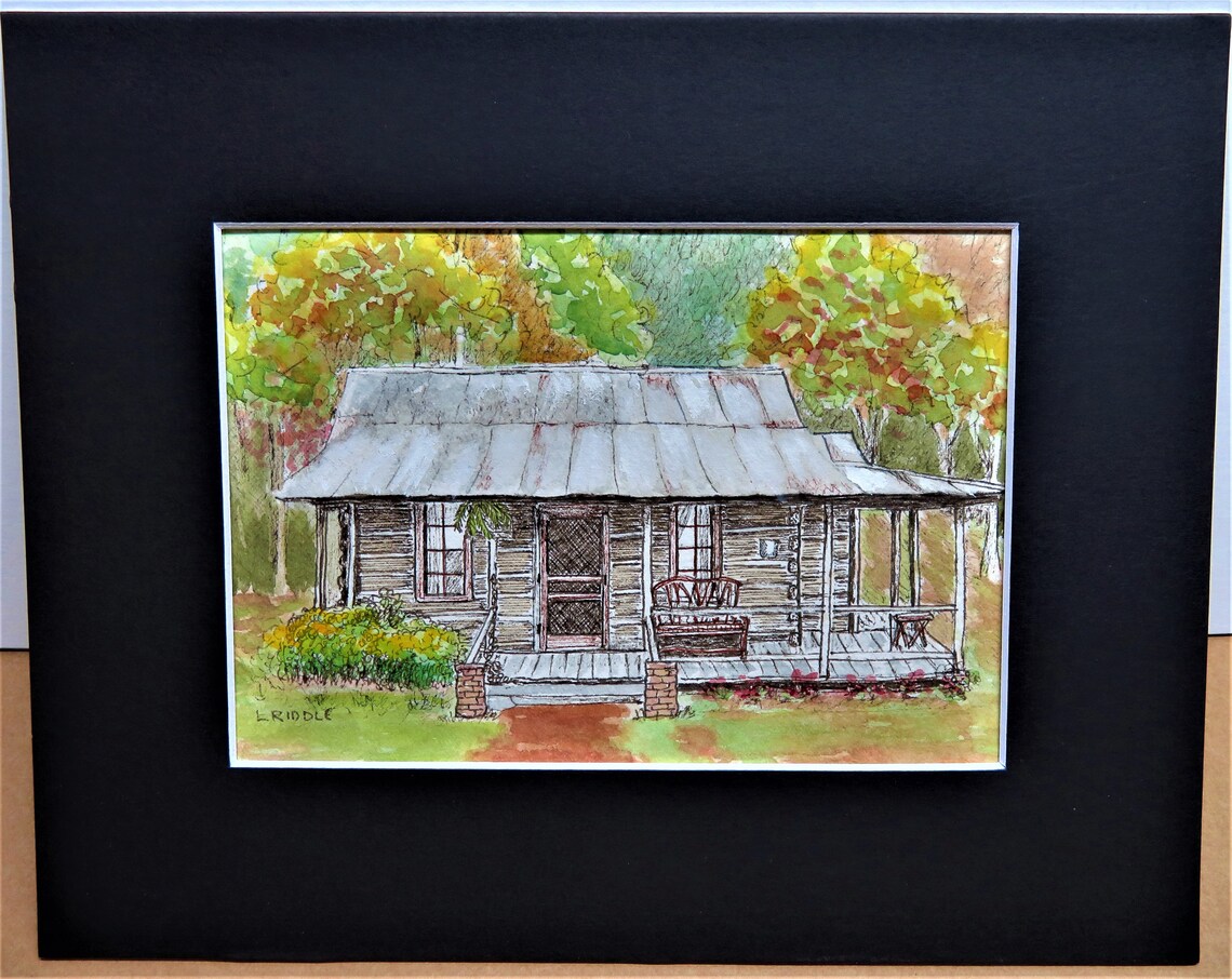 Log Cabins 3 watercolor pen & ink originals set of three Etsy
