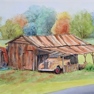 Old barn 11x15 watercolor original, hand painted, old chevy, Blue Ridge art, Georgia painting