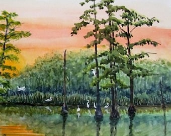Louisiana Swamp Watercolor Painting: Sunset Egrets, 8x10 Original
